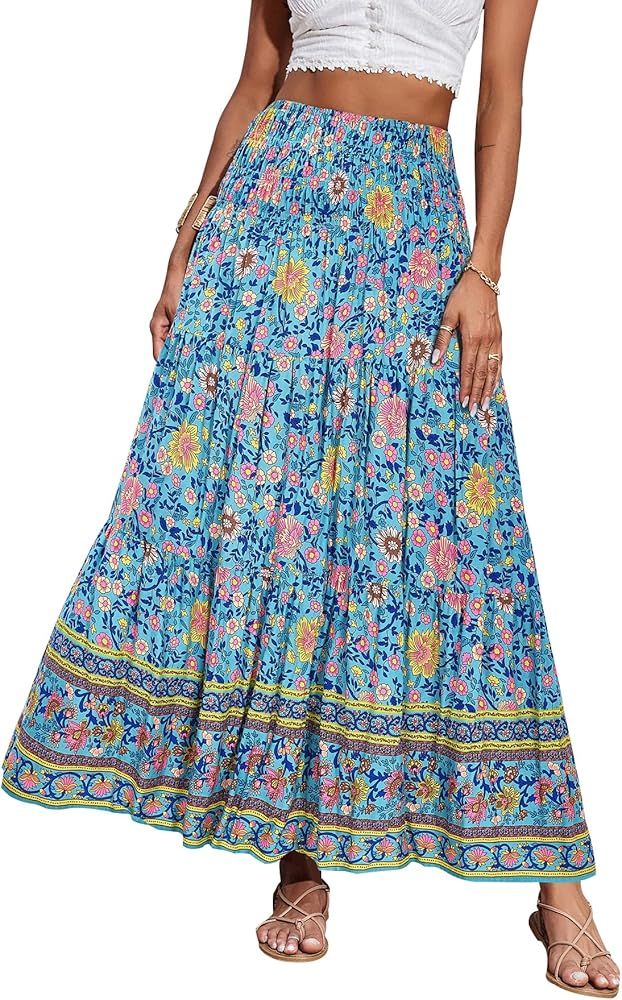 CFLONGE Women's 2024 Bohemian Long Skirts Flowy High Waist A Line Maxi Skirts for Women Summer Pl... | Amazon (US)