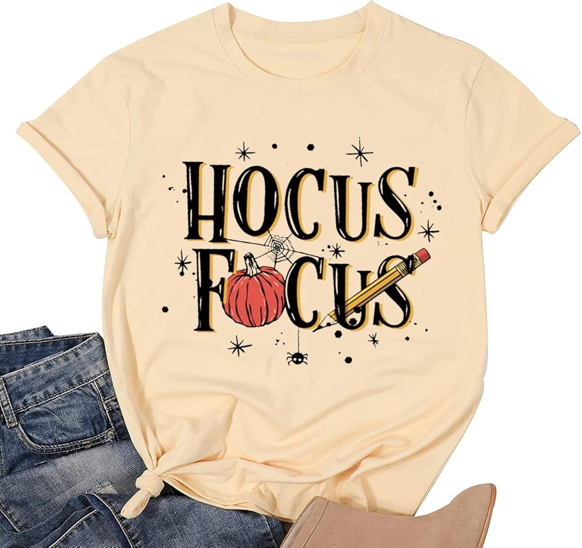 Teacher Halloween Shirt for Women Funny Hocus Pocus Tshirt Cute Pumpkin Graphic Tees Teacher Fall Se | Amazon (US)