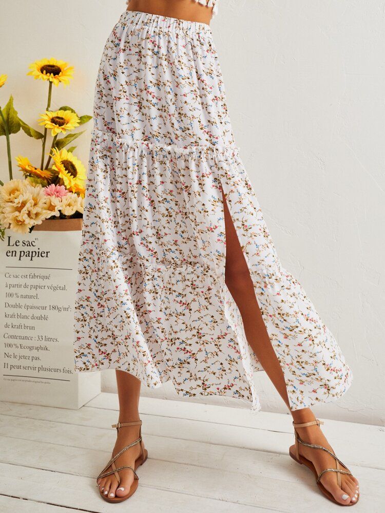 SBetro Elastic Waist Split Thigh Floral Skirt | SHEIN