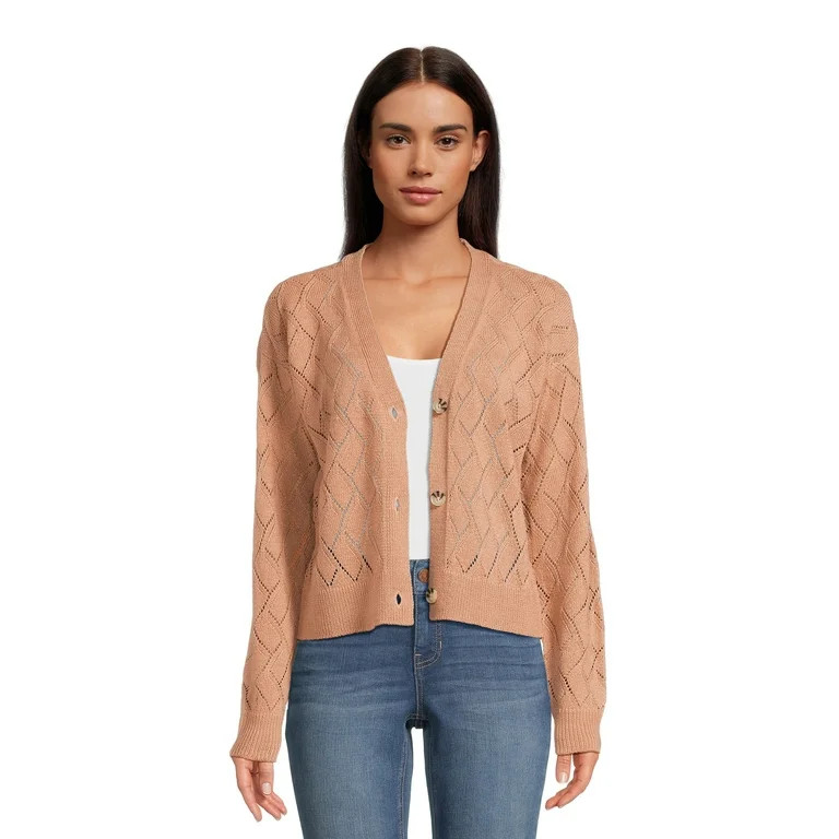 Derek Heart Juniors Pointelle Drop Shoulder Cardigan, Sizes S-L | Walmart (US)