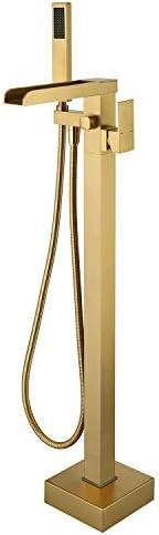 Wowkk Freestanding Bathtub Faucet Brushed Gold Waterfall Tub Filler Floor Mount Brass Single Hand... | Amazon (US)