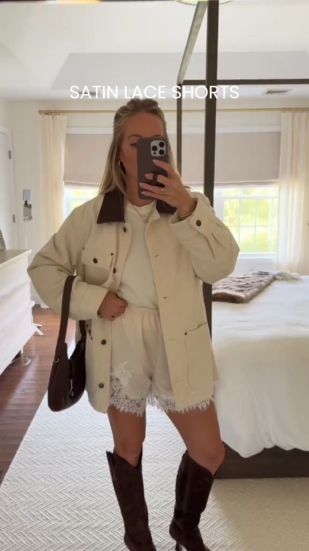 satin lace shorts from Amazon - I’m wearing a medium! linking my Abercrombie, barn, jacket, and chocolate brown boots as well!