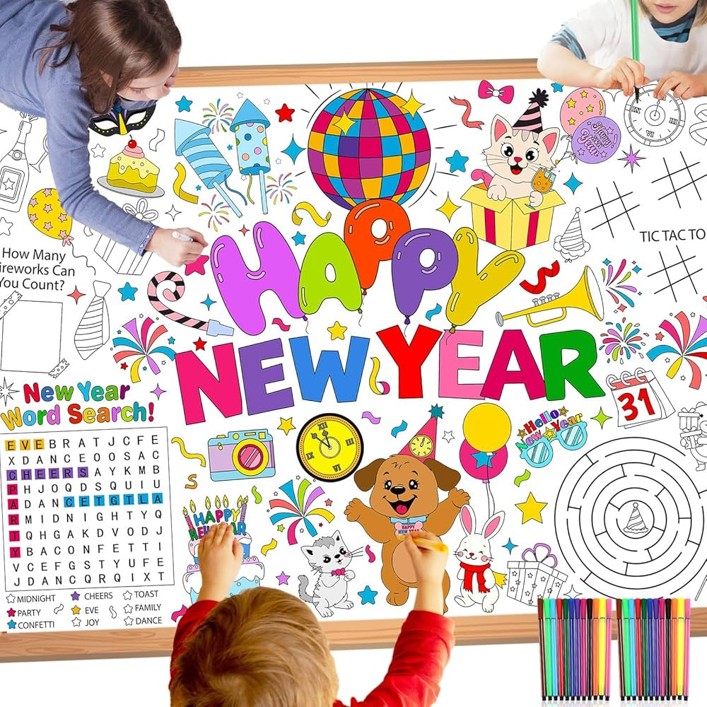 HOWAF Happy New Year Giant Coloring Poster, New Year Coloring Tablecloth for Kids, Animal Jumbo G... | Amazon (US)