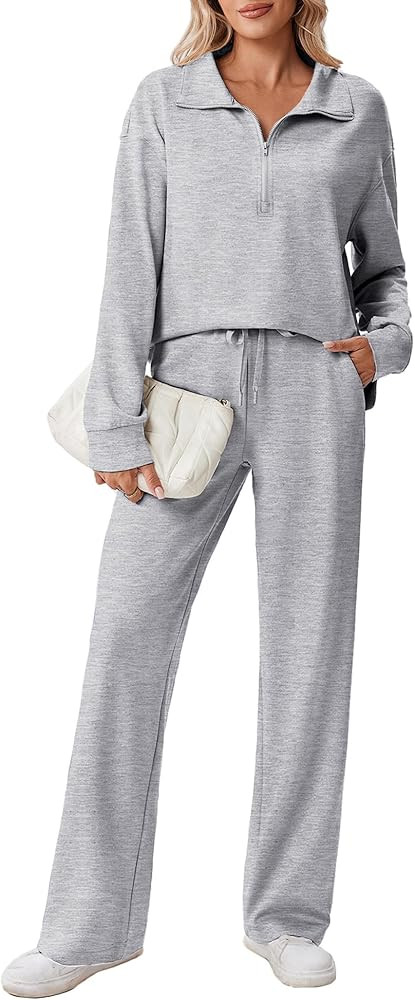 PINSPARK 2 Piece Sets for Women 1/2 Zip Sweatsuit Loose Fit Sweatshirt Straight Leg Pants 2025 Ma... | Amazon (US)