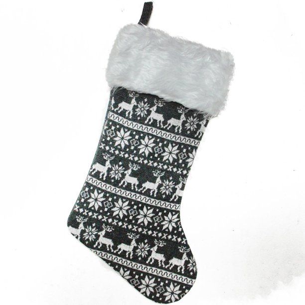 19" Gray and White Reindeer and Snowflake Knit Christmas Stocking with Faux Fur Cuff | Walmart (US)