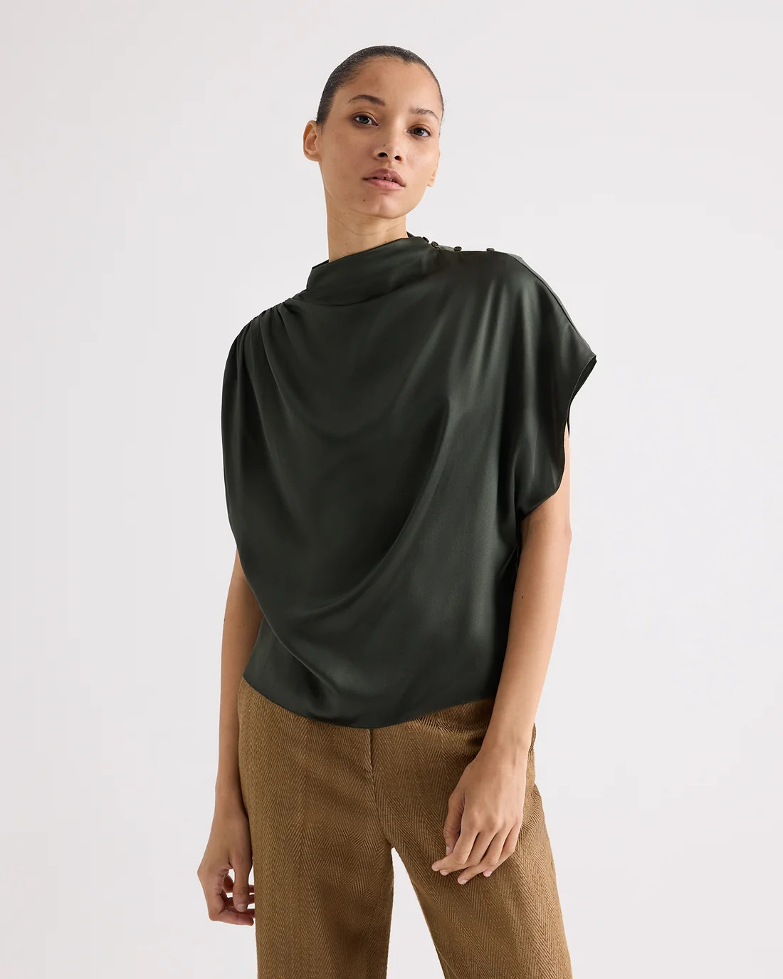 Women's Silk Charmeuse Draped Top in Kelp | TWP | TWP
