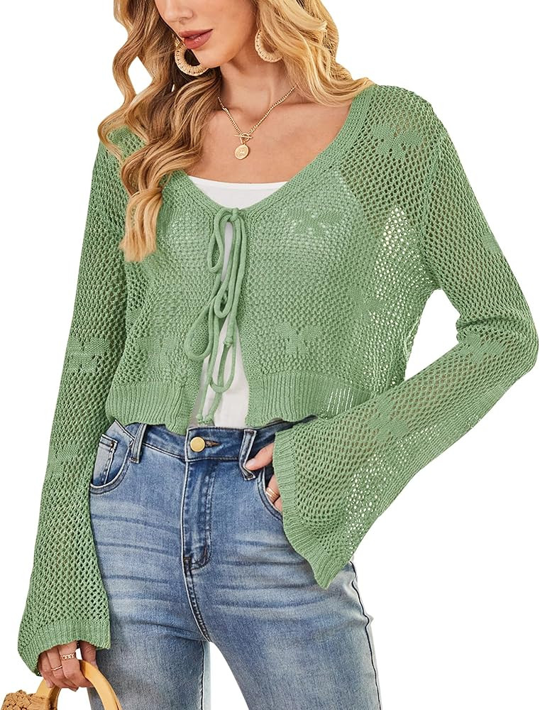 Balimtoy Women Tie Front Cardigan Crochet Sweater Crop Tops Cute Bell Long Sleeve Knit Shrug Beac... | Amazon (US)