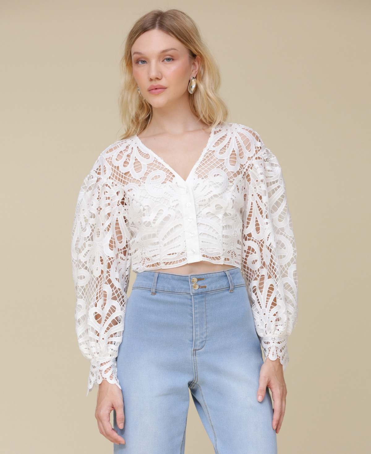 Avec Les Filles Women's V-Neck Cropped Puff-Sleeve Shirt - White | Macy's