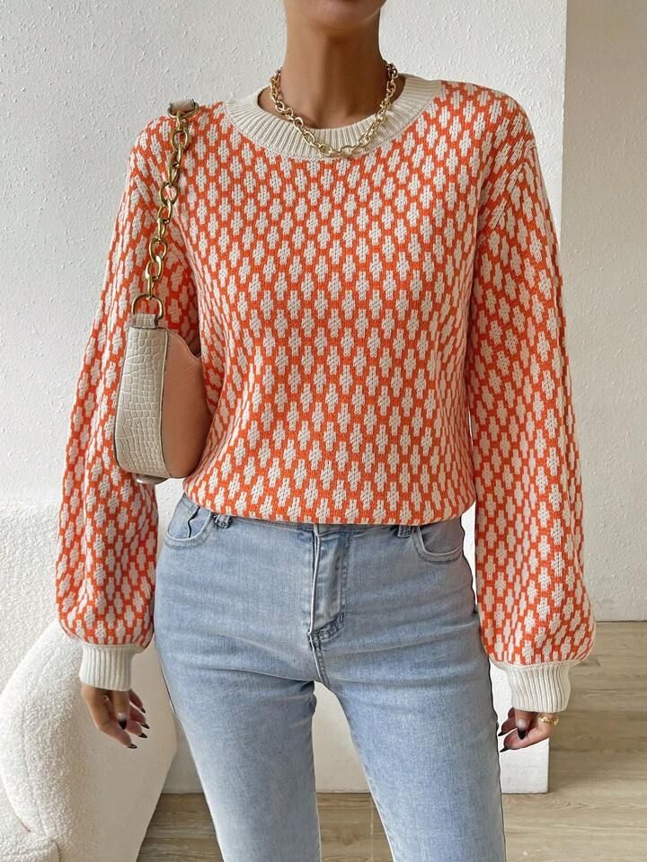 SHEIN Essnce Allover Print Contrast Trim Drop Shoulder Sweater | SHEIN