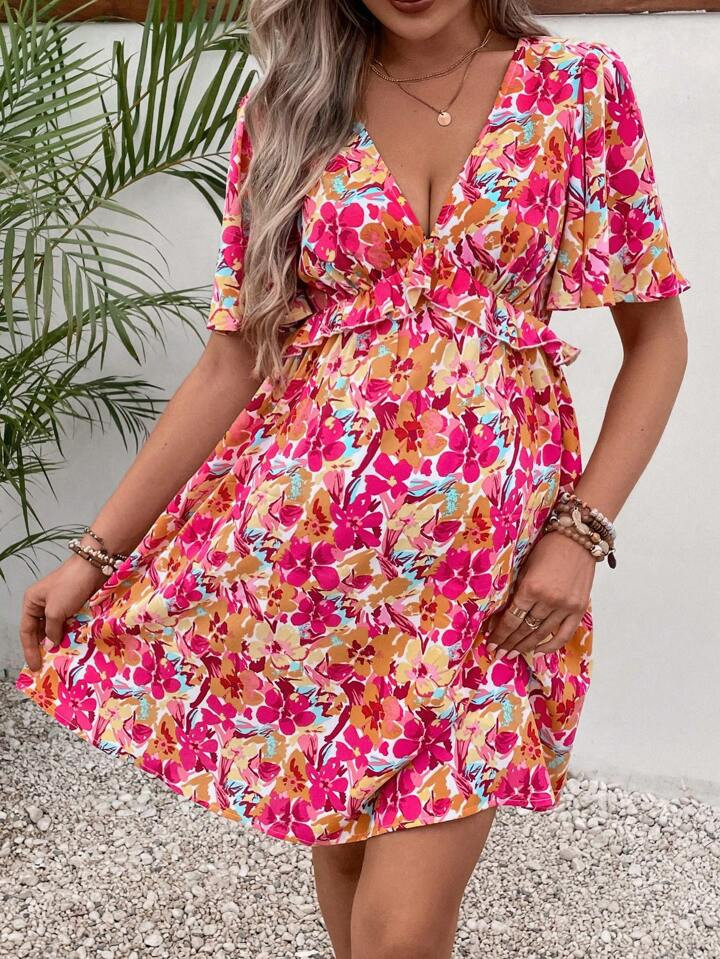 SHEIN Maternity Allover Floral Print Plunging Neck Ruffle Trim Dress | SHEIN