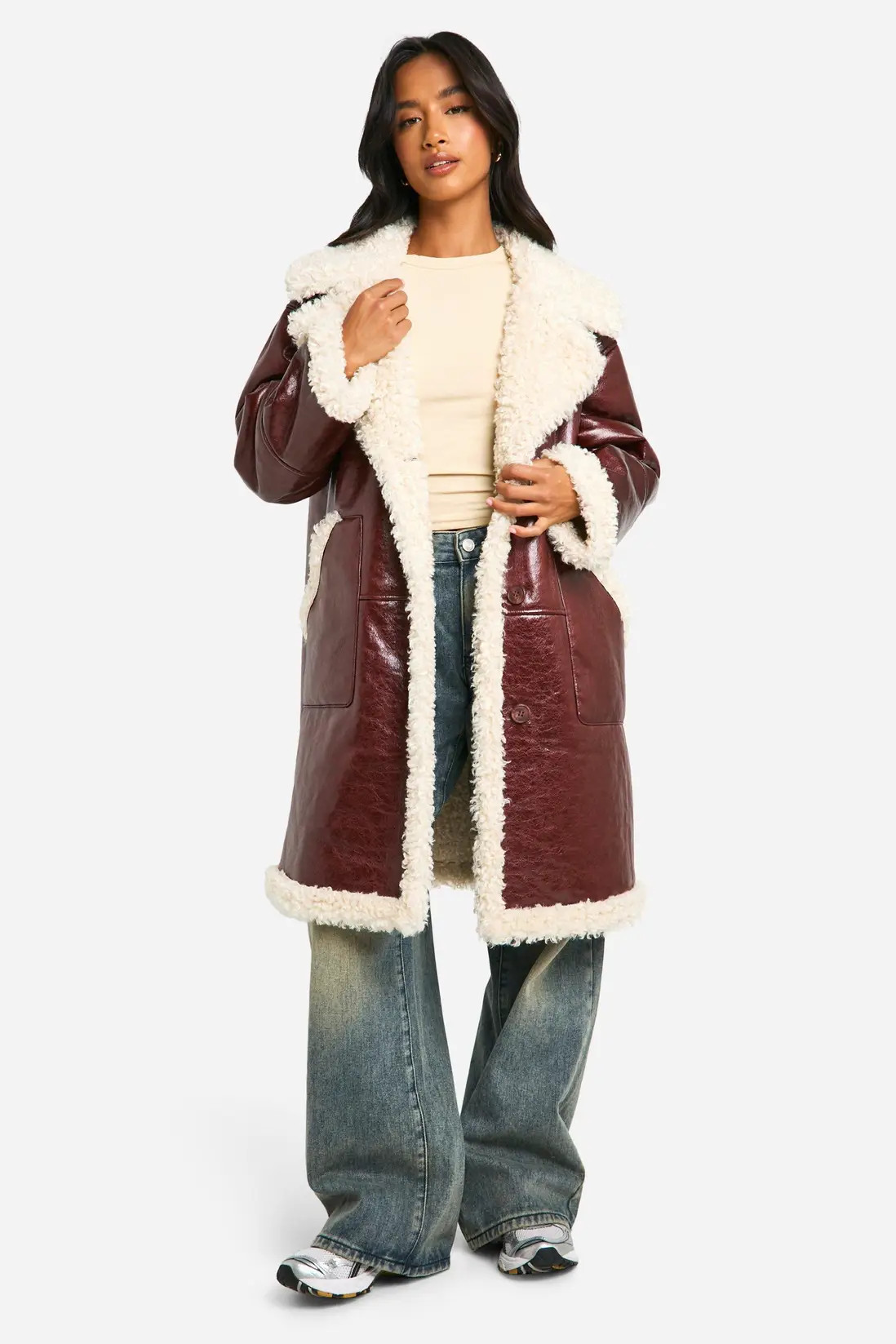 Petite Faux Leather Teddy Trim Longline Aviator Jacket | boohoo (US & Canada)