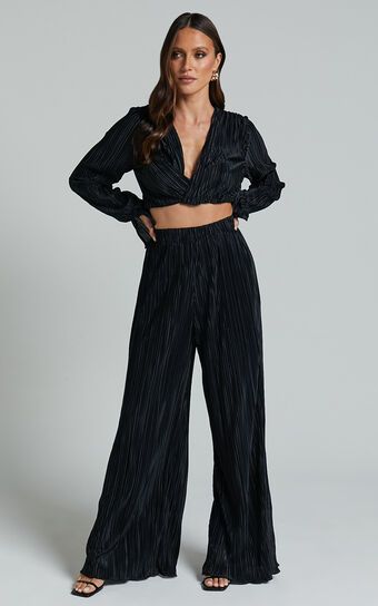 Aluna Two Piece Set - Plisse Twist Front Crop Top and Wide Leg Pants Set in Black | Showpo (ANZ)