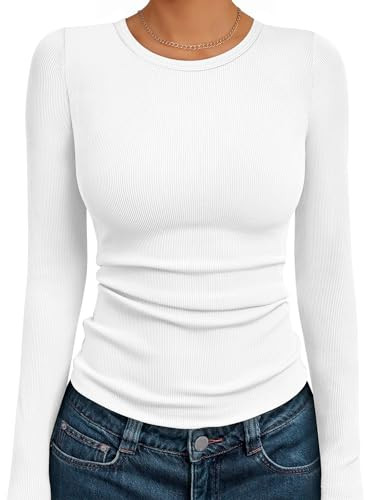 AUTOMET Women's Ribbed Long Sleeve Basic Top - Soft Stretch Crewneck Shirt for Work & Casual | Amazon (US)