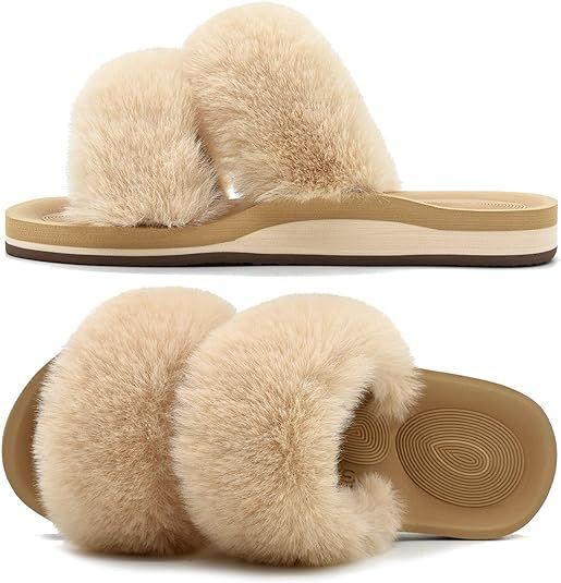 COFACE Fluff Womens Slippers Faux Fur Slip On Orthotic Slippers with Arch Support for Plantar Fas... | Amazon (US)