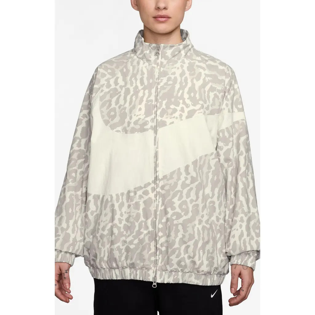 Nike Leopard Print Swoosh Water Repellent Jacket in 009 Grey/Sail at Nordstrom, Size Large | Nordstrom