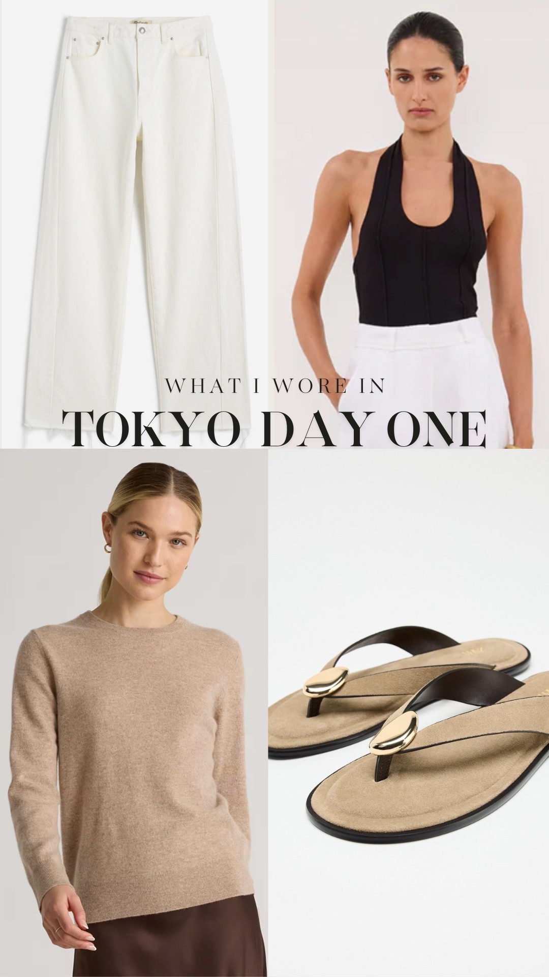 What I wore in Tokyo day one: cashmere sweater, halter top, white barrel jeans, gold hardware sandals, brown belt, leather tote bag. Everything is true to size. 

#LTKStyleTip #LTKOver40