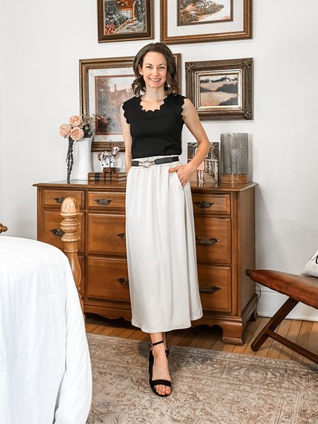 Summer business casual outfit!
Wearing size XS Chicwish top and skirt. 
Size 6 Steve Madden sandals. 
Petite outfit. Neutral outfit. Summer outfit. Classic outfit. Chic outfit  

#LTKfindsunder50 #LTKworkwear #LTKSeasonal
