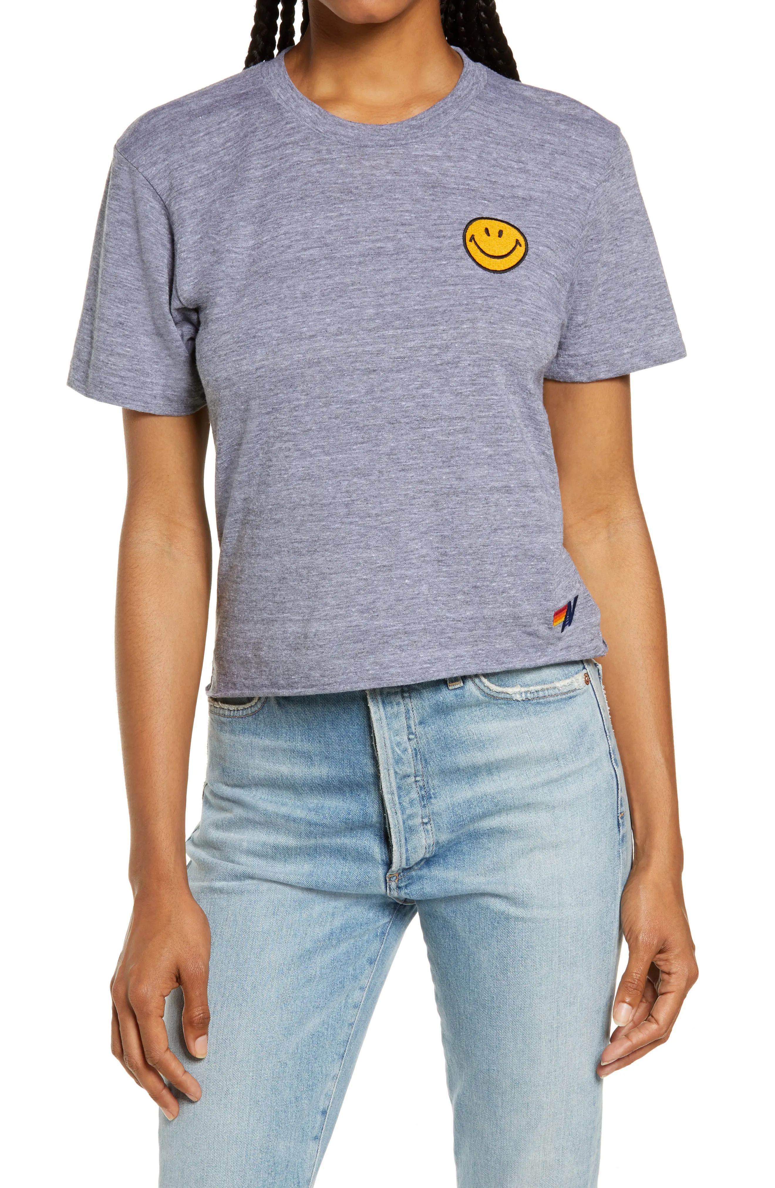 Aviator Nation Smile Embroidered Boyfriend T-Shirt, Size Large in Heather Grey at Nordstrom | Nordstrom
