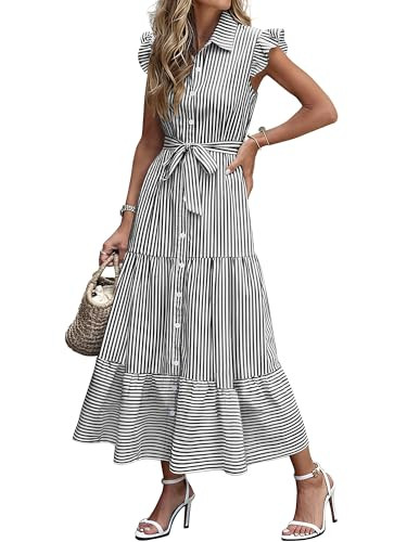 Caracilia Womens Button Down Maxi Dress, Striped Plaid Regular Fit, Summer Beach Vacation, Versat... | Amazon (US)