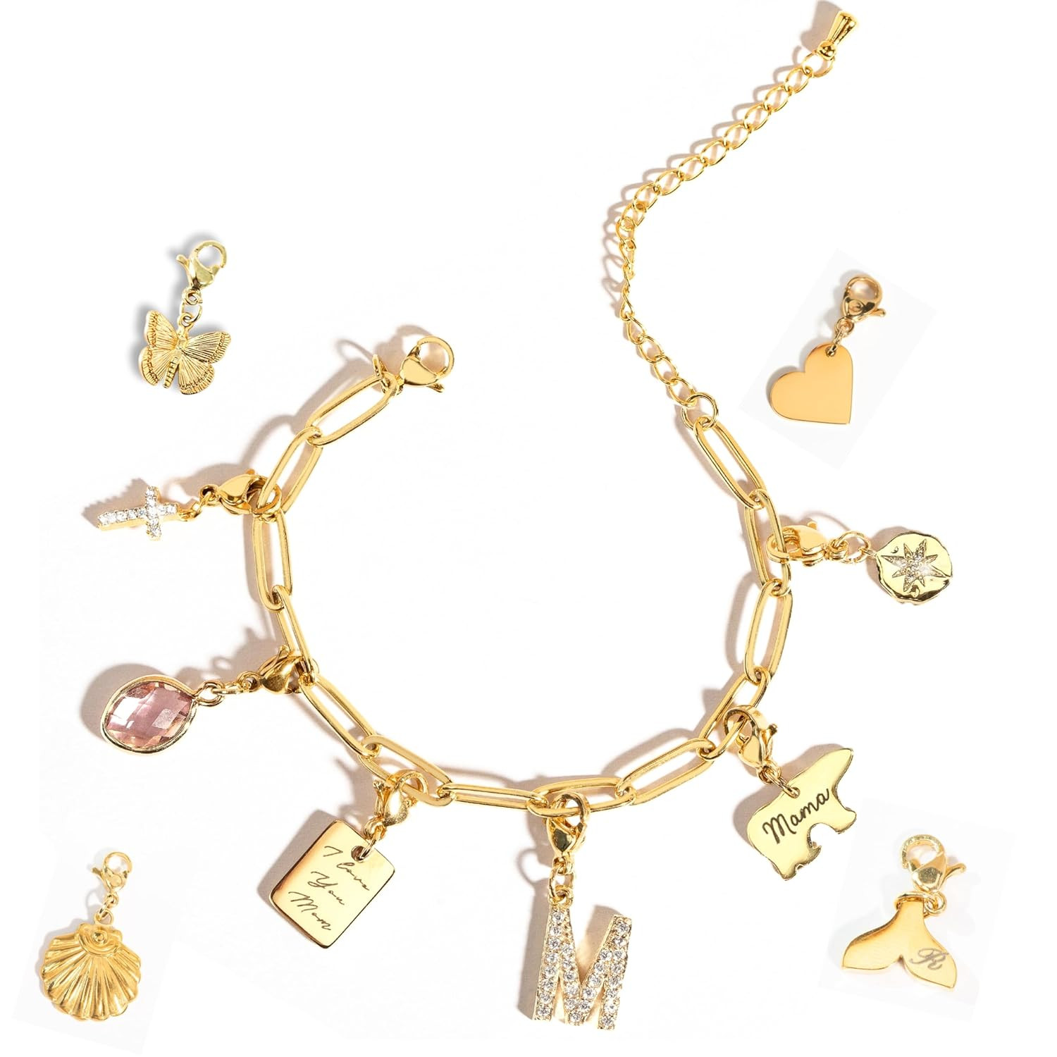 Customizable Gold Charm Bracelet Personalized Engraved Charms, Trendy Jewelry Gift for Women, Uni... | Amazon (US)