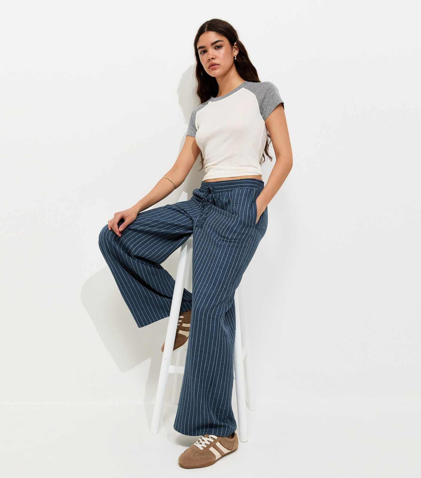 Dark Blue Woven Striped Wide Leg Trousers | New Look | New Look (UK)
