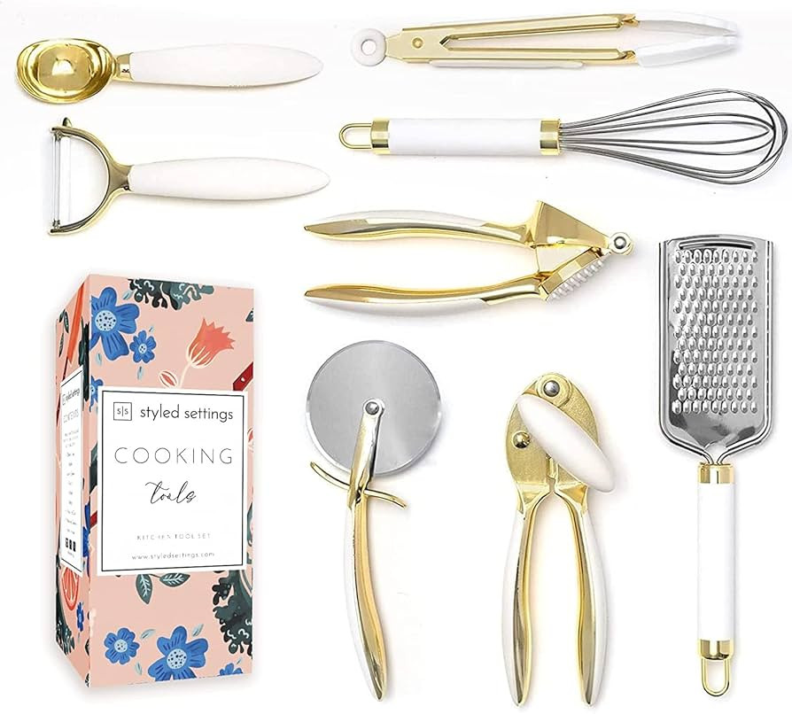 Amazon.com: White & Gold Kitchen Tools and Gadgets - Luxe 8PC Cooking Tools and Gadgets with Anti... | Amazon (US)