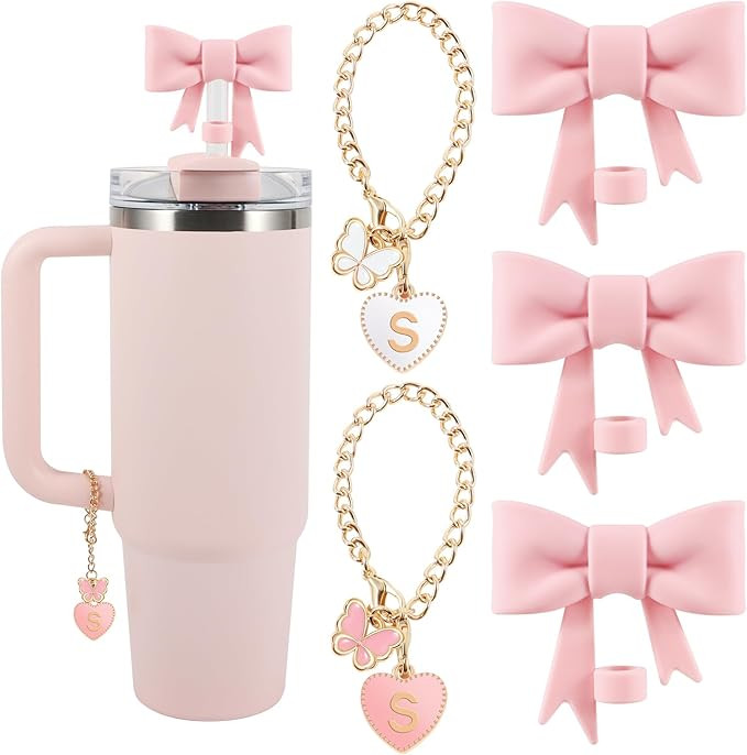 3PCS Bow Straw Cover Straw Toppers for Stanley Cup with 2 PCS Initial Letter Charms Name ID Acces... | Amazon (US)
