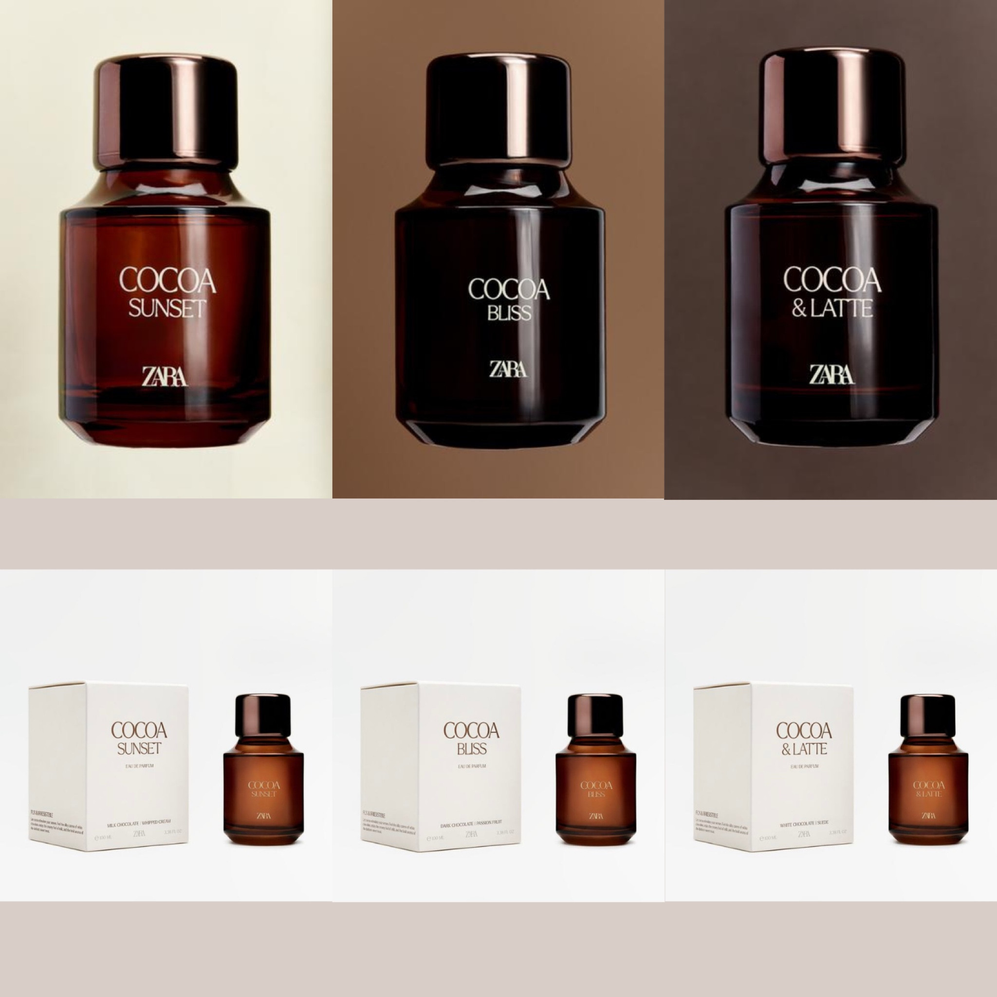 🌟PROFUMI ZARA COCOA COLLECTION🌟

Sul sito di @zara sono arrivati i nuovi profumi della Cocoa Collection, ovvero una linea composta da 3 fragranze che si rivelano un vero e proprio viaggio sensoriale che cattura l’essenza del cioccolato in tutte le sue forme. 

Le versioni disponibili sono 3:
- Cocoa Sunset, è fragranza indulgente e deliziosa con note cremose di cioccolato al latte che si fondono con la morbidezza della panna montata, mentre un tocco di vaniglia aggiunge una dolcezza avvolgente;
- Cocoa Bliss, è una fragranza vibrante e seducente, con note esotiche del frutto della passione che si combinano con la succosità della pesca, creando un’apertura irresistibile e il cioccolato fondente aggiunge una profondità audace e seducente;
- Cocoa & Latte, è una fragranza delicata e golosa, con note cremose di cioccolato bianco che si fondono con la delicata morbidezza della crema chantilly, mentre la pelle scamosciata dona una texture vellutata che avvolge i sensi.

Il prezzo delle fragranze è di 17,95 ciascuna (per 100 ml di prodotto). Quale vi incuriosisce di più?
#zara #zarawoman #zaranewin #zaraperfume #zaraparfum #zaracocoacollection #zaracocoa #zaracocoabliss #zaracocoasunset #zaracocoalatte 