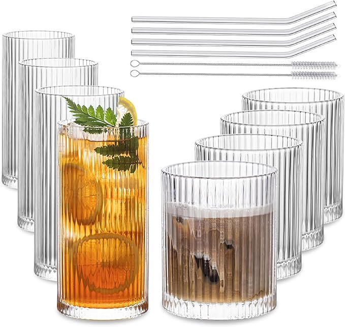 INSETLAN Set of 8 Vintage Glassware - 4 Highball Glasses 12 oz, 4 Rocks Glass Cups 14 oz, Ribbed ... | Amazon (US)