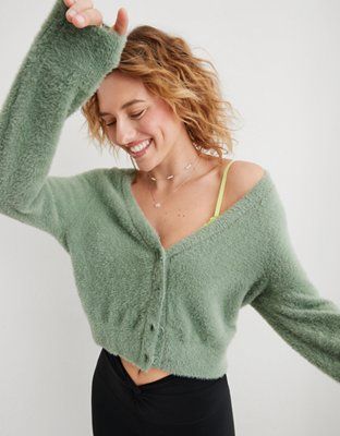 Aerie Fuzzy Cropped Cardigan | Aerie