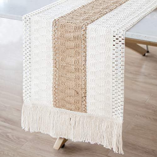 OurWarm Macrame Table Runner Farmhouse Style, Natural Burlap Table Runner Cotton Lace Boho Table Run | Amazon (US)