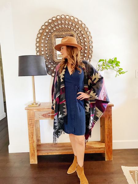 Thanksgiving outfit - a denim wrap dress with a poncho for a chic look without sacrificing comfort 

#LTKSeasonal #LTKfindsunder50 #LTKover40