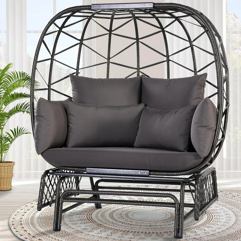 NICESOUL Patio Oversized Gray Wicker Glider Egg Chair with Legs for Two Double Rattan Rocking Egg... | Walmart (US)