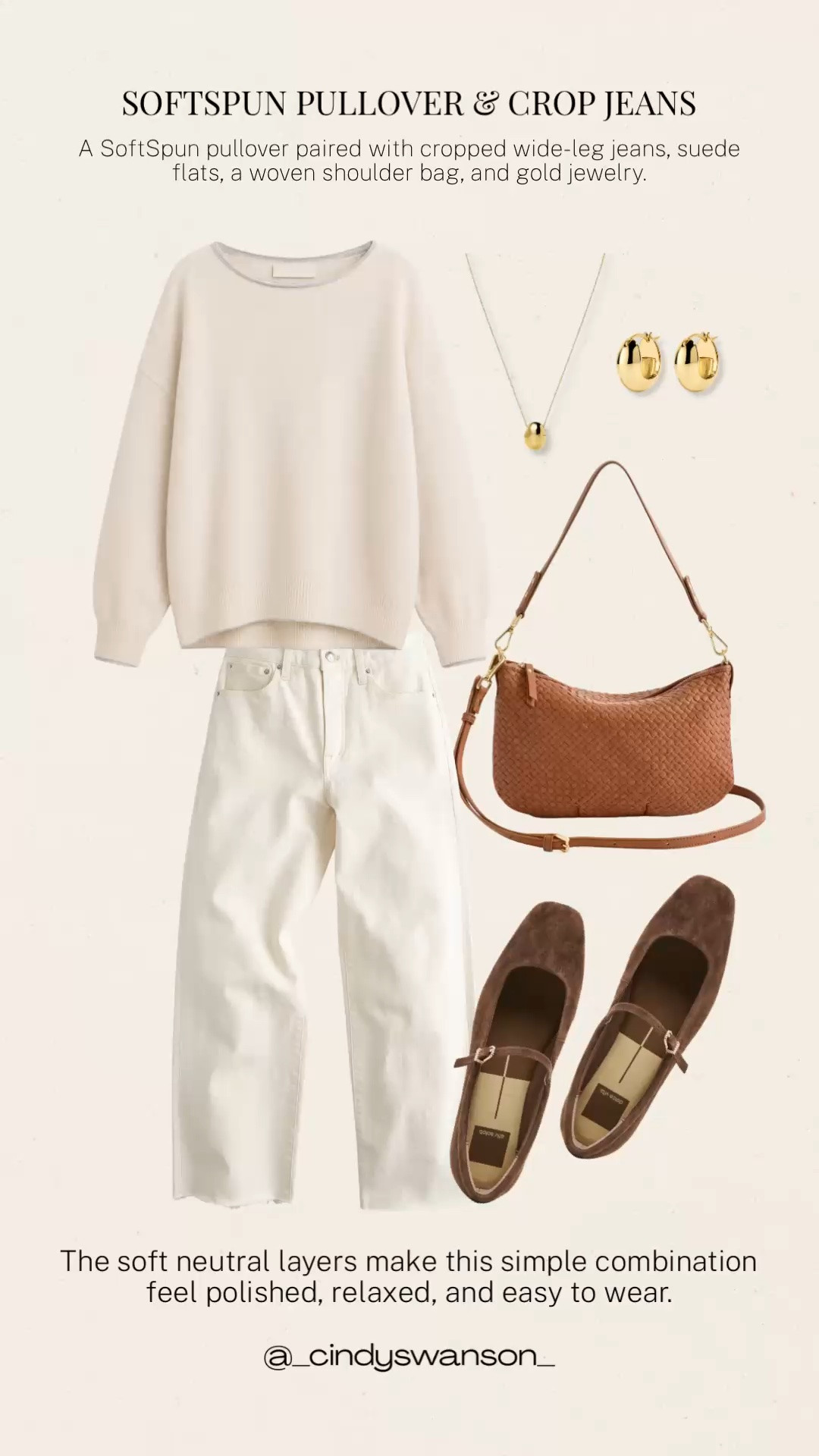 A SoftSpun pullover and cropped wide-leg jeans make such an easy neutral combination. The relaxed sweater balances the clean lines of the jeans, while suede flats and a woven shoulder bag add a polished touch. Comfortable enough for everyday wear and simple enough to style in so many ways.

💡 LTK MADE EASY
❤️ Heart = Support my posts!
🔖 Save = Get sale & restock alerts
📋 Lists = Keep favorites organized
📲 Share = Send lists and products to a friend. Hello, Christmas List!
💬 Comment = Ask me anything about what I’m wearing. :-)

#LTKootd #LTKOver40 #LTKSeasonal