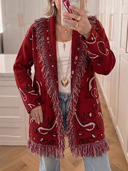 Tankaneo Womens Fringe Cardigan Long Sleeve Paisley Sweaters with Belt | Amazon (US)