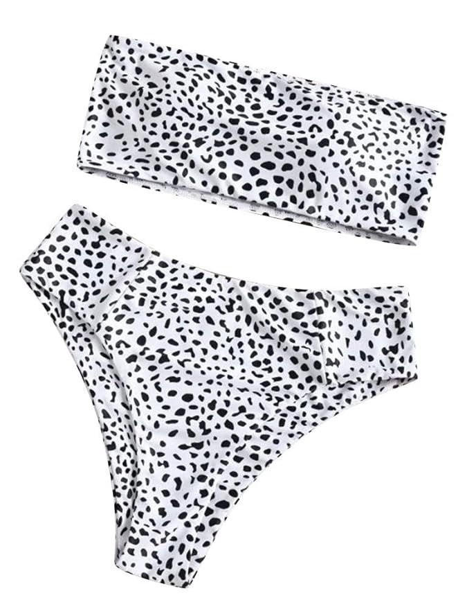 StarVnc Women's Two Pieces Leopard Print Bandeau Bikini Swimsuits Off Shoulder High Waist Bathing... | Amazon (US)