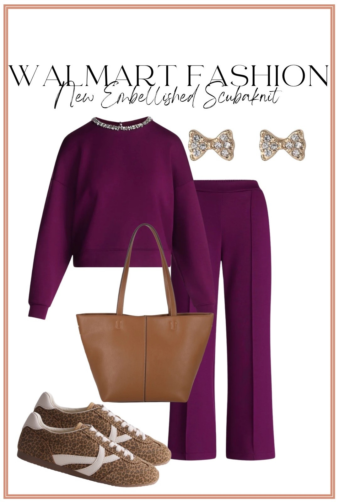 Walmart did NOT have to make a matching set this cute! 💜 This new embellished sweatshirt and matching wide-leg pants have the prettiest rich plum color with just enough sparkle to make a comfy outfit feel elevated. Styled with leopard sneakers, a cognac tote and bow earrings for the cutest casual fall outfit. Perfect for travel days, school drop-off, errands or anywhere you want to be comfortable but still look put together!

#WalmartFashion #WalmartFinds #WalmartNewArrivals #WalmartStyle #MatchingSet #FallOutfit #FallFashion #CasualFallStyle #AffordableFashion #TravelOutfit #MomStyle #EverydayStyle

#LTKxWalmart #LTKPetite #LTKootd