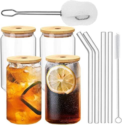 ALINK Beer Can Glasses with Lids and Glass Straws 4pcs Set, 16 oz Pint Dink Glasses Can Shaped Tumbl | Amazon (UK)