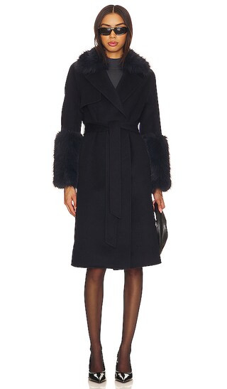 Faux Fur Trim Wool Coat in Navy | Revolve Clothing (Global)