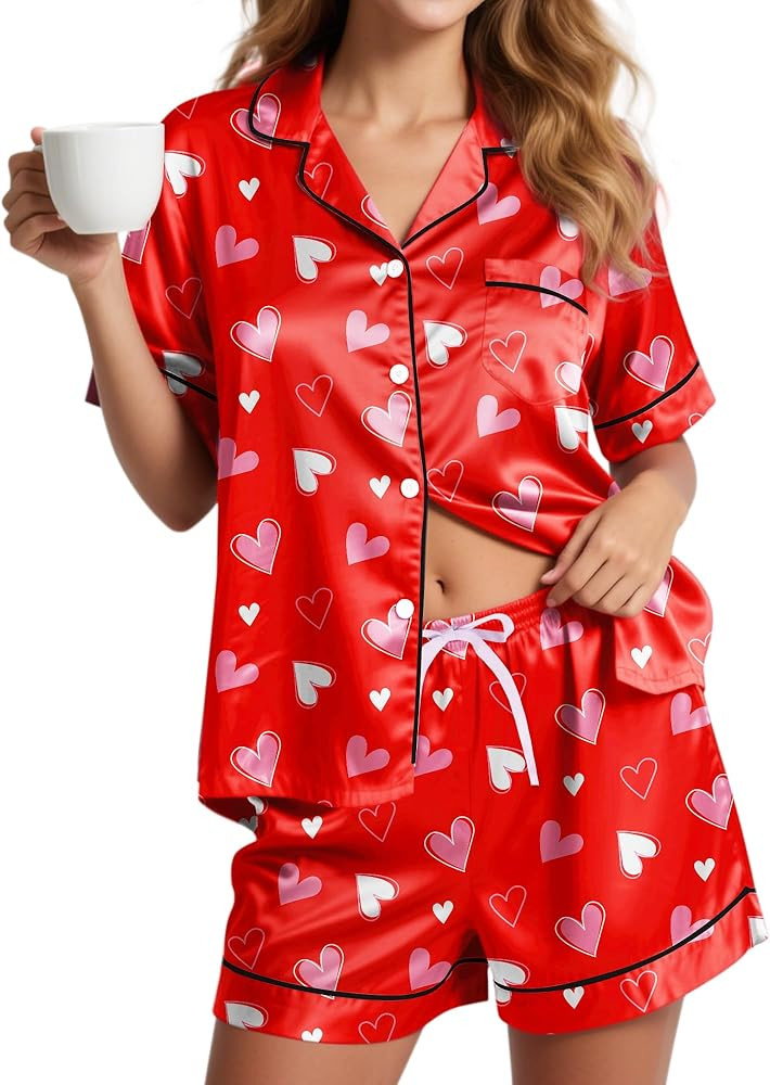 Silky Pajamas for Women Shorts Satin Pjs Button Down 2 Piece Cute Comfy Women's Sleepwear Lounge ... | Amazon (US)