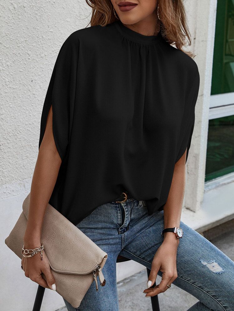 Tie Back Batwing Sleeve Solid Blouse | SHEIN