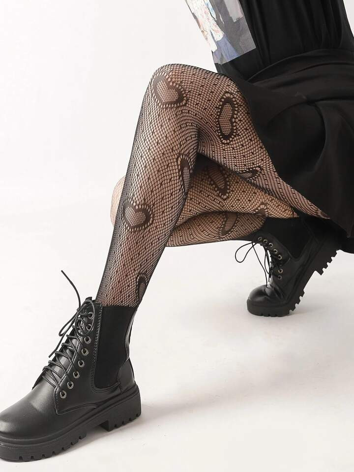 ROMWE J-Fashion Heart Print Fishnet Tights | SHEIN