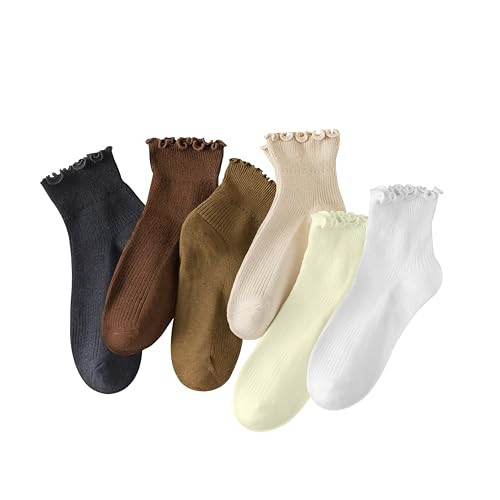 DQCUTE Women's Ruffled Socks,Cute Ankle Boot Frilly Soft Breathable Knit Cotton Lettuce Trim Crew Socks for Teen Women 6 Pairs,White Color | Amazon (US)