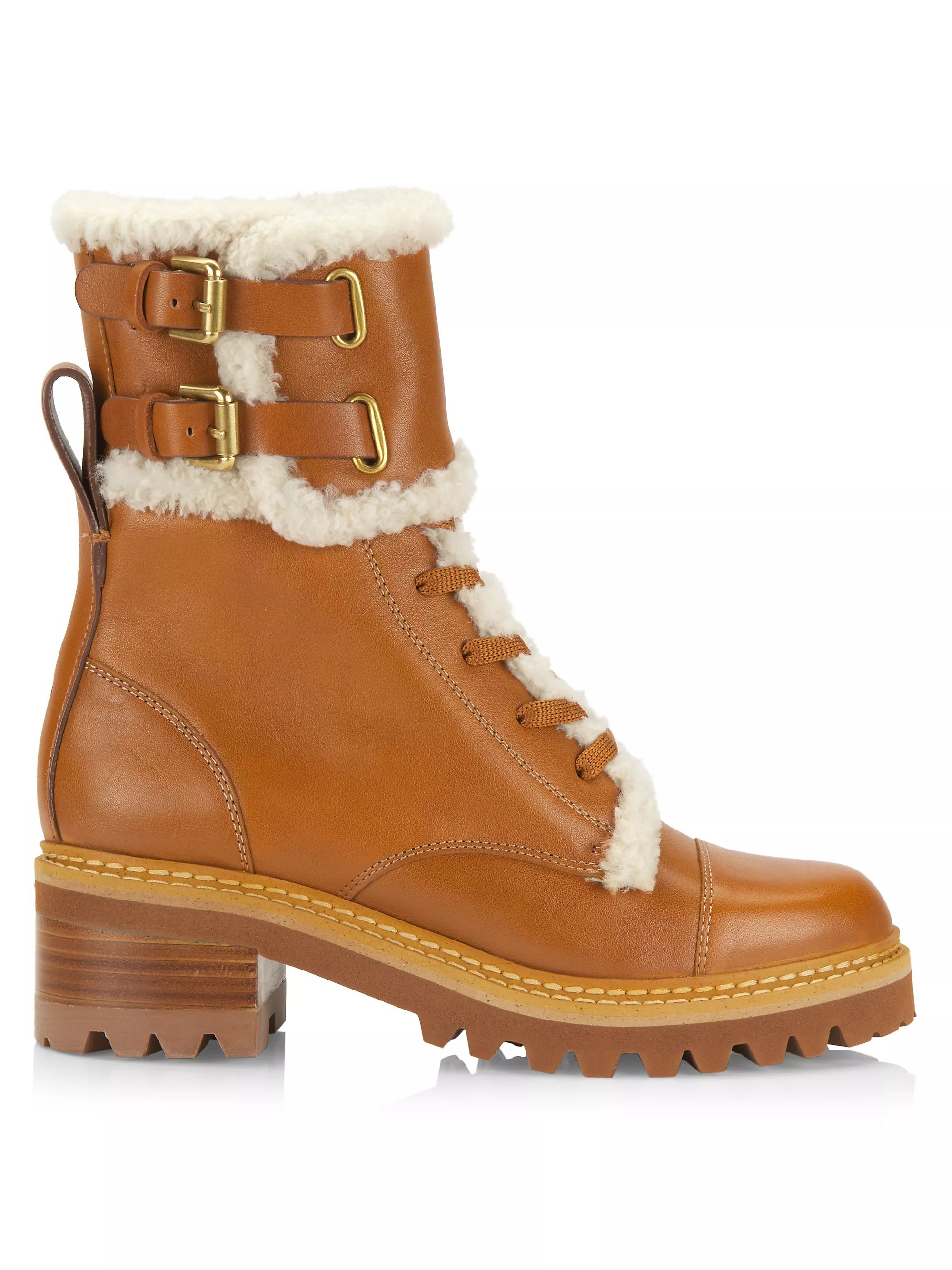 Mallory Shearling-Trimmed Leather Lace-Up Boots | Saks Fifth Avenue
