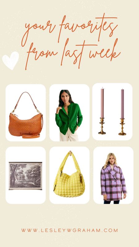 Top sellers last week. Woven leather handbag. Green cardigan. Pink taper candles. Magnolia tapestry. Yellow carry-all bag. Purple sale coat.

#LTKitbag #LTKSeasonal #LTKover40
