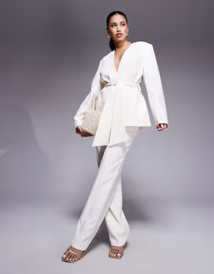 ASOS DESIGN tie waist collarless blazer co-ord in buttermilk | ASOS (Global)