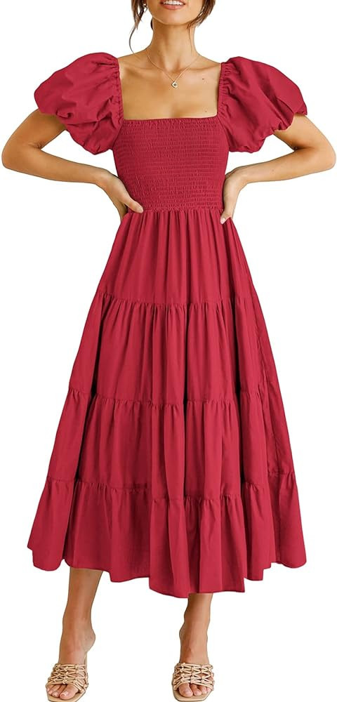CFLONGE Women's 2023 Summer Casual Boho Beach Dress Square Neck Puff Sleeve High Waist Ruffle Flo... | Amazon (US)