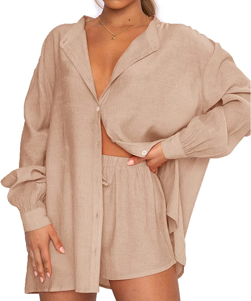 Women 2 Piece Tracksuit Casual Outfits Button Down Shirt Cardigan Tops + Elastic Waist Lounge Shorts | Amazon (US)