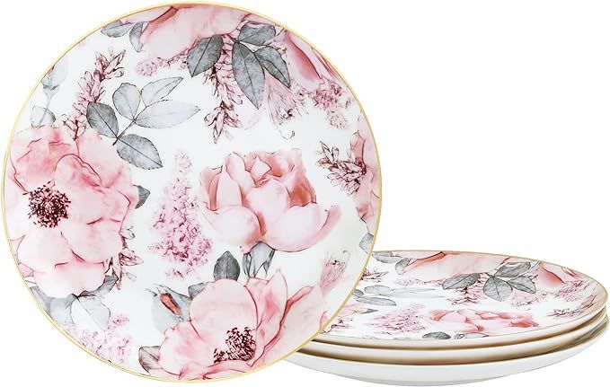 fanquare 8" Bone China Salad Plates with Gold Trim, Pink Floral Pasta Bowls Set of 4, Porcelain D... | Amazon (US)