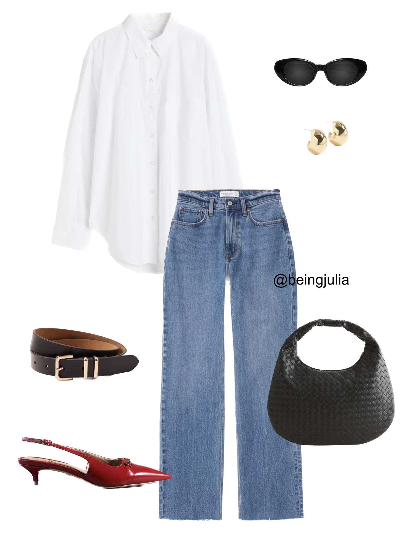 Fall outfit inspiration - details below! 
-Abercrombie high rise 90s relaxed jeans in medium blue with a raw hem. 
-Oversized white poplin button up shirt from H&M. 
-Abercrombie black square buckle belt. 
-Red sling back heels from Sam Edelman via Anthropologie. 
-Woven black shoulder bag from Abercrombie. 
-Celine Triomphe 52mm sunglasses in black acetate. 
-Chunky gold teardrop earrings. 



#LTKstyletip #LTKSeasonal #LTKBacktoSchool
